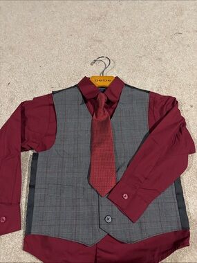 Arrow Boys Burgundy Shirt Gray Plaid Vest and Burgundy Tie Matching Set
